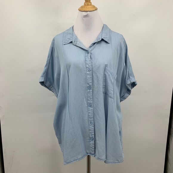 Ecothreads Shirt Womens XXL 2XL Blue Button Up Chest Pocket Lyocell Short Sleeve - Picture 2 of 10